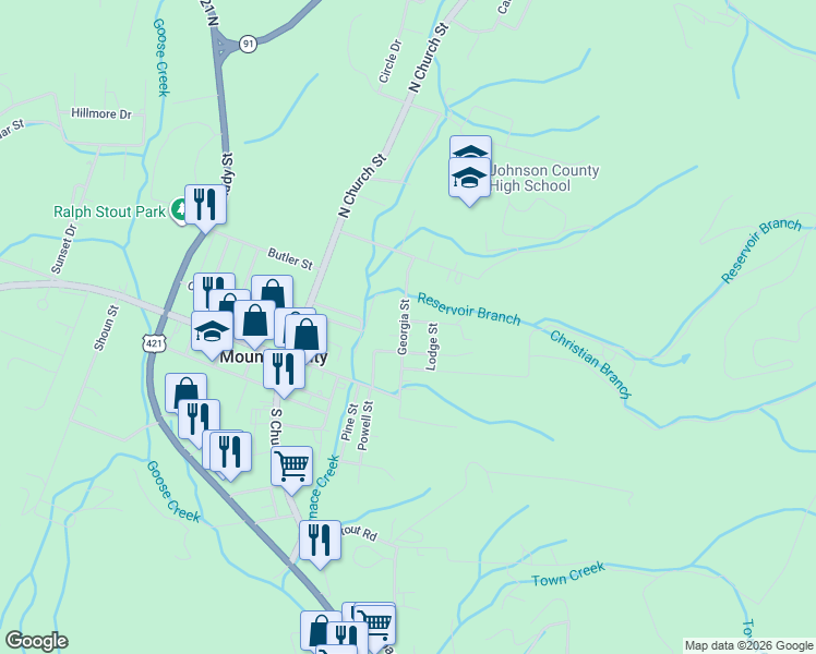 map of restaurants, bars, coffee shops, grocery stores, and more near 222 Georgia Street in Mountain City