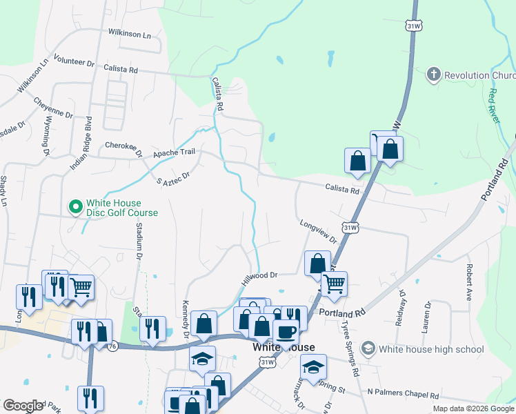 map of restaurants, bars, coffee shops, grocery stores, and more near 209 Willa Ct in White House