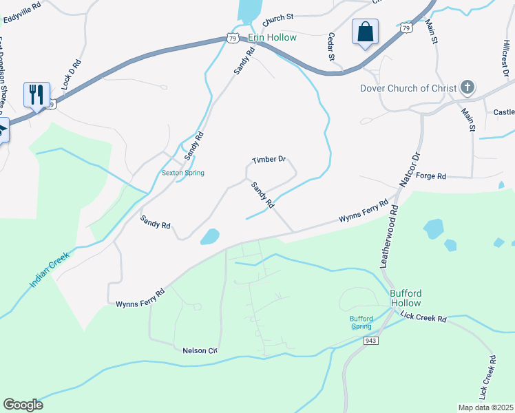 map of restaurants, bars, coffee shops, grocery stores, and more near 521 Sandy Road in Dover