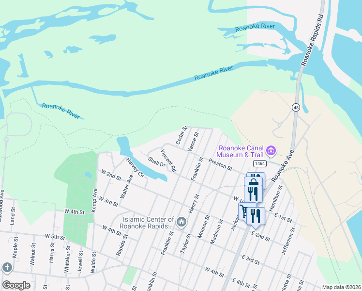 map of restaurants, bars, coffee shops, grocery stores, and more near 50 Cedar Street in Roanoke Rapids