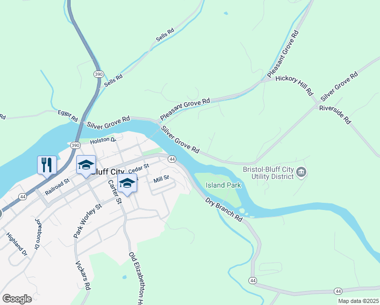 map of restaurants, bars, coffee shops, grocery stores, and more near 308 Silver Grove Road in Bluff City