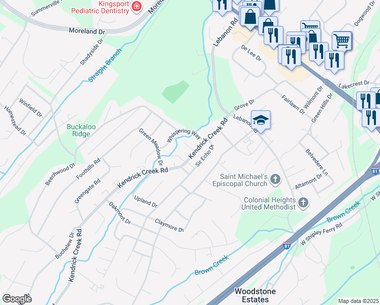 map of restaurants, bars, coffee shops, grocery stores, and more near 712 Kendrick Creek Road in Kingsport