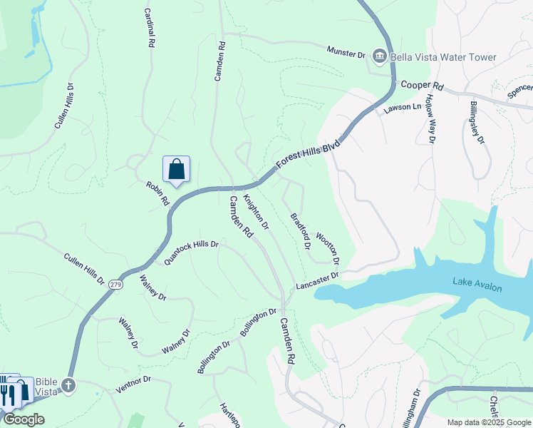 map of restaurants, bars, coffee shops, grocery stores, and more near 16 Knighton Drive in Bella Vista