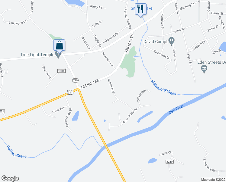 map of restaurants, bars, coffee shops, grocery stores, and more near 1824-1828 Indian Trail in Eden