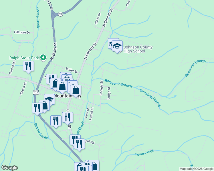 map of restaurants, bars, coffee shops, grocery stores, and more near 222 Georgia Street in Mountain City