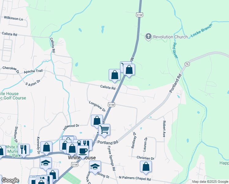 map of restaurants, bars, coffee shops, grocery stores, and more near 105 Calista Road in White House
