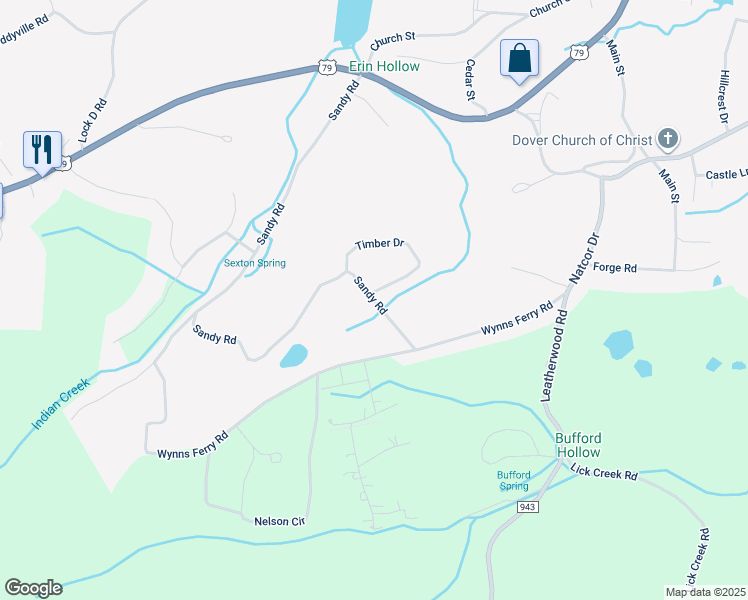 map of restaurants, bars, coffee shops, grocery stores, and more near 521 Sandy Road in Dover