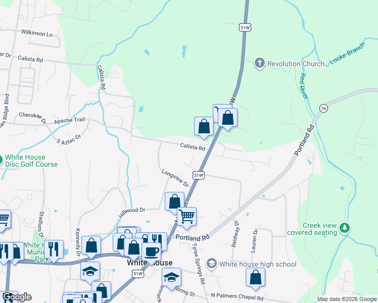 map of restaurants, bars, coffee shops, grocery stores, and more near 104 Sugartree Court in White House