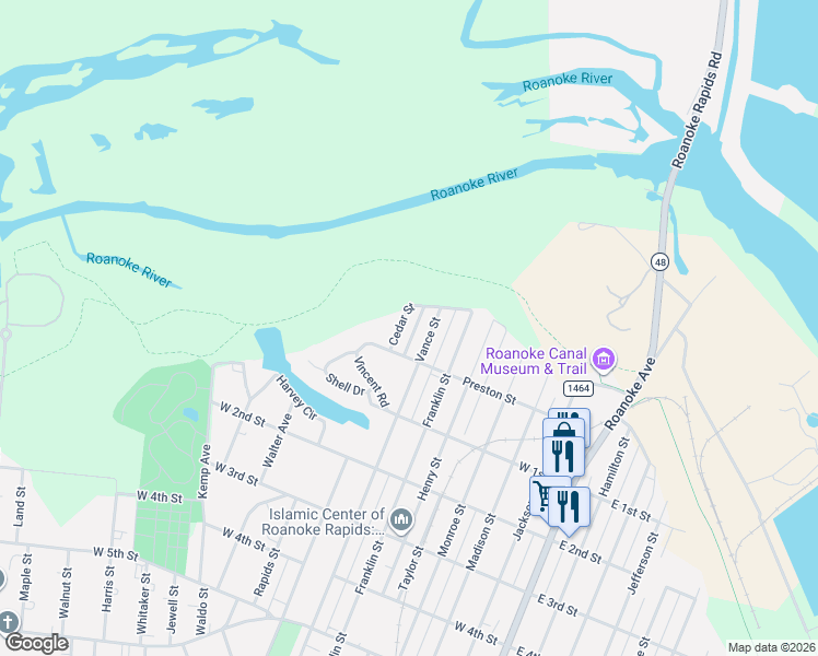 map of restaurants, bars, coffee shops, grocery stores, and more near 50 Cedar Street in Roanoke Rapids