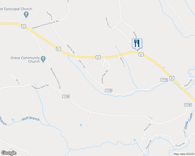 map of restaurants, bars, coffee shops, grocery stores, and more near 267 Old 21 Road in Glade Valley