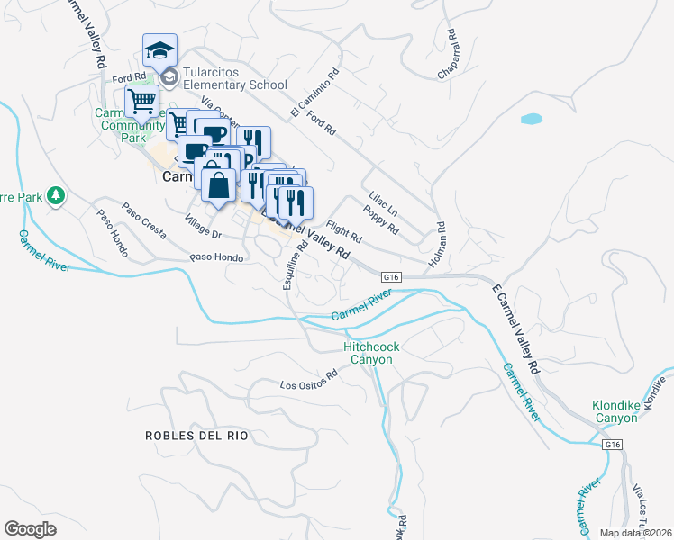 map of restaurants, bars, coffee shops, grocery stores, and more near 47 East Carmel Valley Road in Carmel Valley