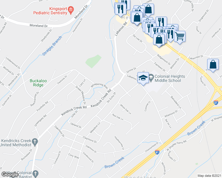 map of restaurants, bars, coffee shops, grocery stores, and more near 604 Kendrick Creek Road in Kingsport
