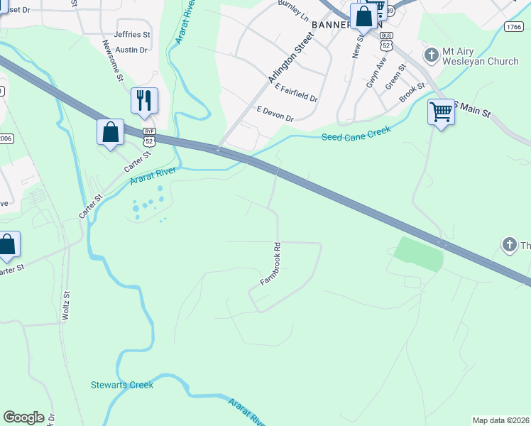 map of restaurants, bars, coffee shops, grocery stores, and more near 160 Farmbrook Road in Mount Airy