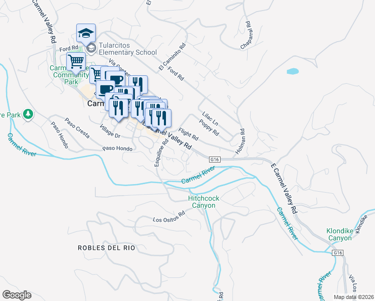 map of restaurants, bars, coffee shops, grocery stores, and more near 47 East Carmel Valley Road in Carmel Valley