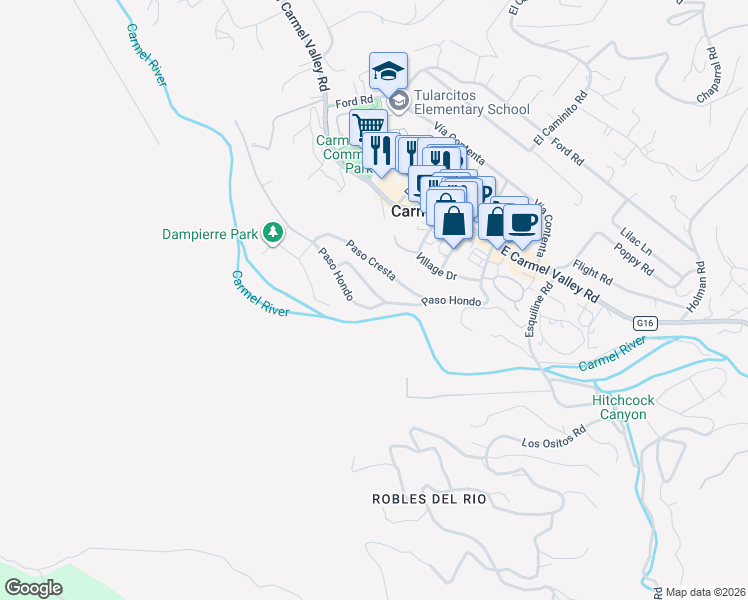 map of restaurants, bars, coffee shops, grocery stores, and more near 6 Paso Hondo in Carmel Valley