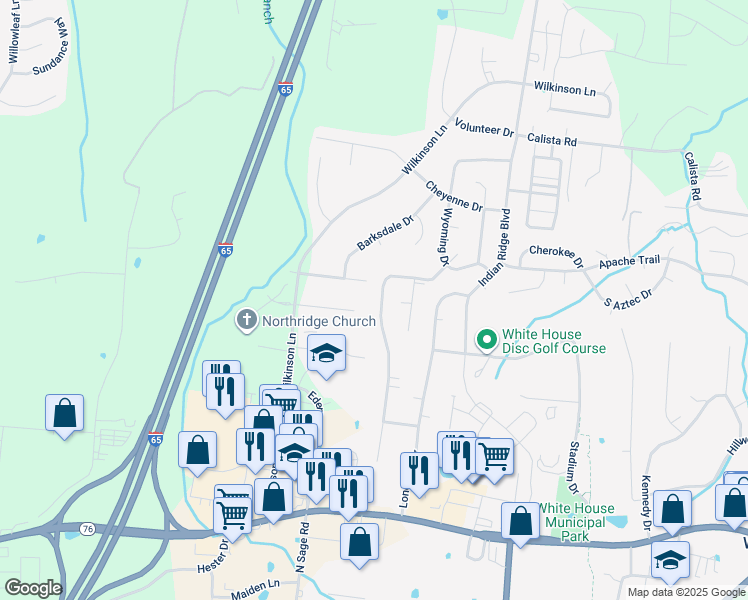 map of restaurants, bars, coffee shops, grocery stores, and more near 227 Shady Ln in White House