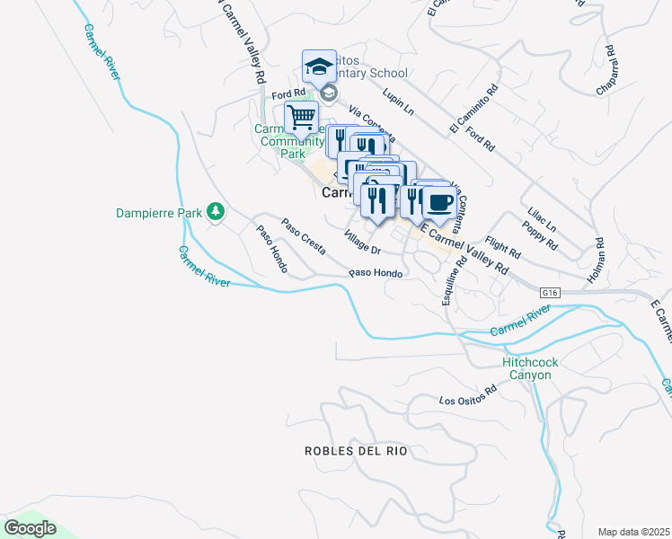 map of restaurants, bars, coffee shops, grocery stores, and more near 6 Paso Cresta in Carmel Valley