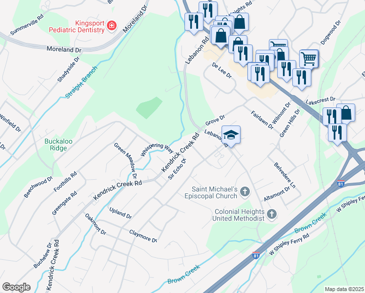 map of restaurants, bars, coffee shops, grocery stores, and more near 604 Kendrick Creek Road in Kingsport