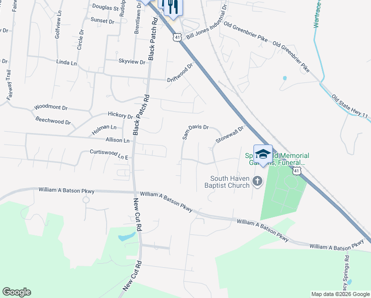 map of restaurants, bars, coffee shops, grocery stores, and more near 120 Sam Davis Drive in Springfield