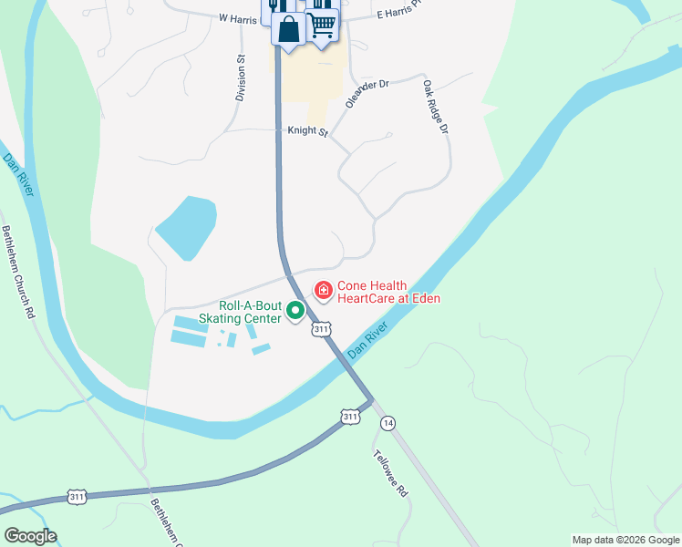 map of restaurants, bars, coffee shops, grocery stores, and more near 124 Oak Ridge Drive in Eden