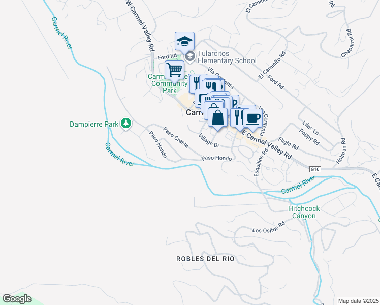 map of restaurants, bars, coffee shops, grocery stores, and more near 6 Paso Cresta in Carmel Valley