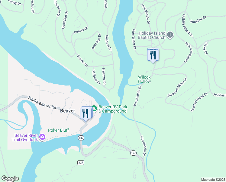 map of restaurants, bars, coffee shops, grocery stores, and more near 67 Sailboat Drive in Holiday Island
