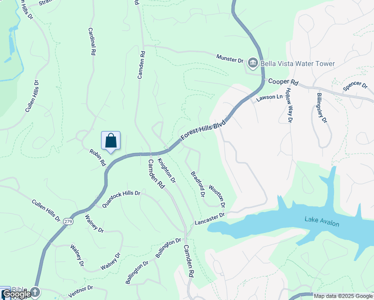 map of restaurants, bars, coffee shops, grocery stores, and more near 2 Amesbury Drive in Bella Vista
