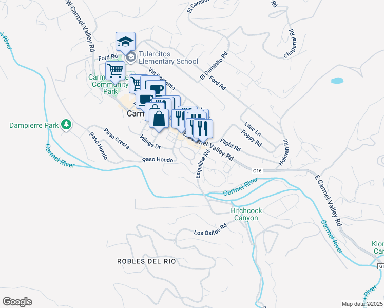 map of restaurants, bars, coffee shops, grocery stores, and more near 135 White Oaks Lane in Carmel Valley
