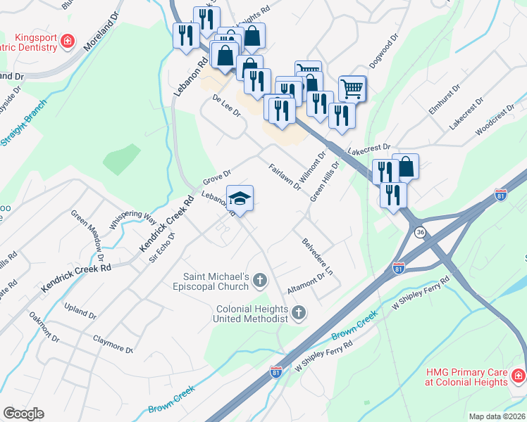 map of restaurants, bars, coffee shops, grocery stores, and more near 415 Lebanon Road in Kingsport