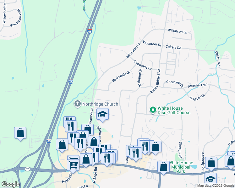 map of restaurants, bars, coffee shops, grocery stores, and more near 227 Shady Lane in White House