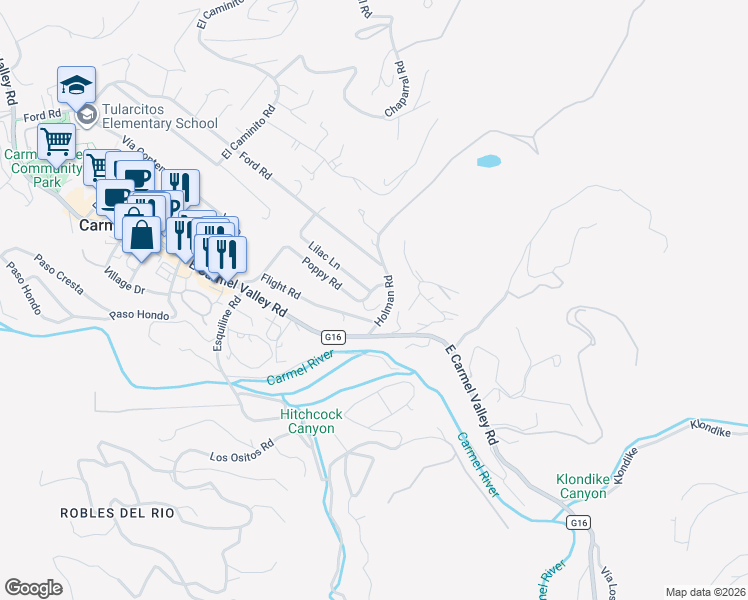 map of restaurants, bars, coffee shops, grocery stores, and more near 75 Poppy Road in Carmel Valley