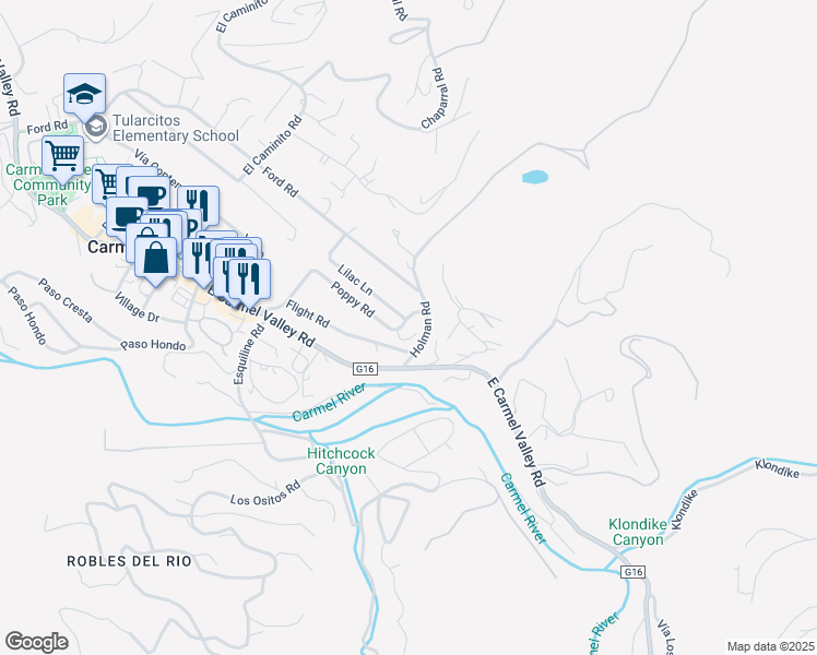 map of restaurants, bars, coffee shops, grocery stores, and more near 75 Poppy Road in Carmel Valley