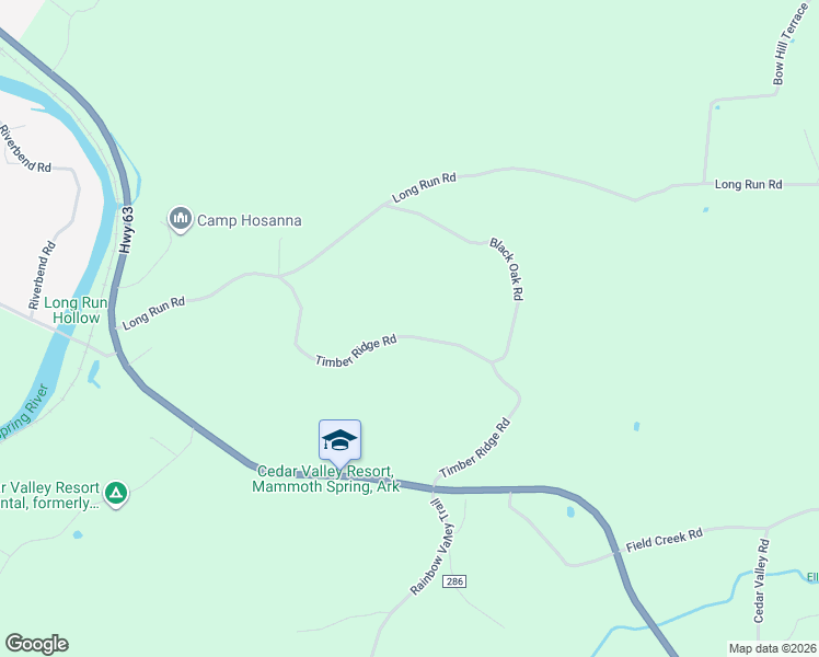 map of restaurants, bars, coffee shops, grocery stores, and more near 603 Timber Ridge Road in Mammoth Spring