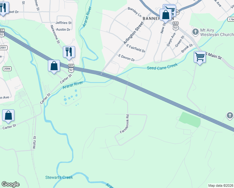 map of restaurants, bars, coffee shops, grocery stores, and more near 160 Farmbrook Road in Mount Airy