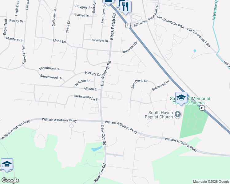 map of restaurants, bars, coffee shops, grocery stores, and more near 604 Blackpatch Drive in Springfield
