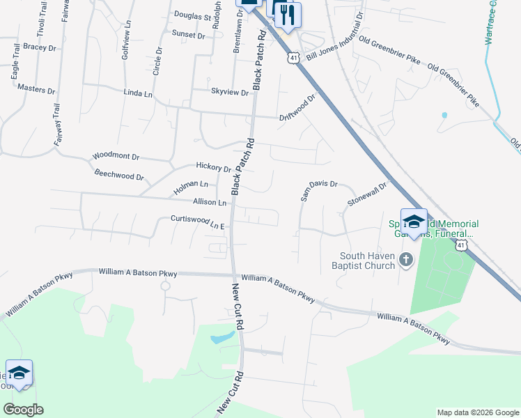 map of restaurants, bars, coffee shops, grocery stores, and more near 604 Blackpatch Drive in Springfield