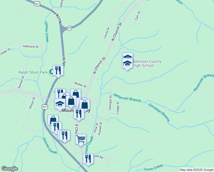 map of restaurants, bars, coffee shops, grocery stores, and more near 176 Fairview Avenue in Mountain City