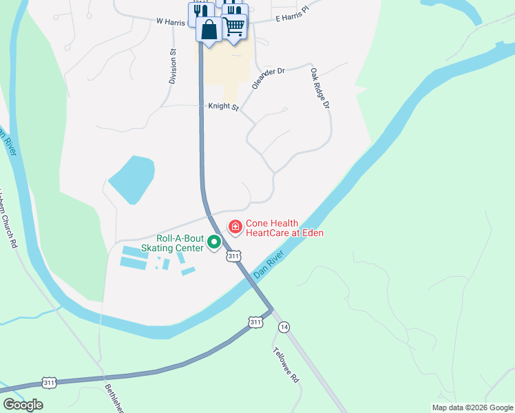 map of restaurants, bars, coffee shops, grocery stores, and more near 124 Oak Ridge Drive in Eden