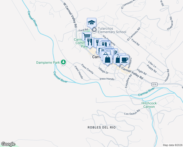 map of restaurants, bars, coffee shops, grocery stores, and more near 6 Paso Hondo in Carmel Valley