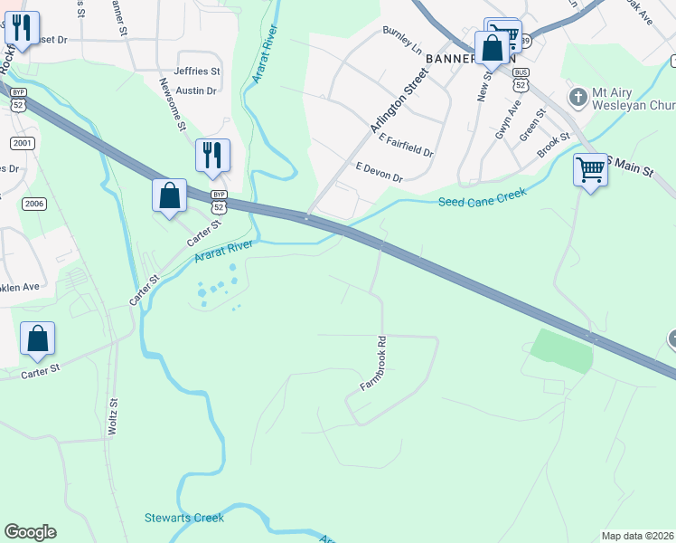 map of restaurants, bars, coffee shops, grocery stores, and more near 120 Farmbrook Road in Mount Airy