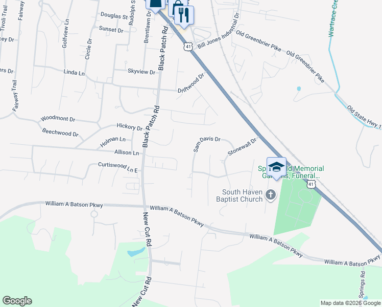 map of restaurants, bars, coffee shops, grocery stores, and more near 120 Sam Davis Drive in Springfield