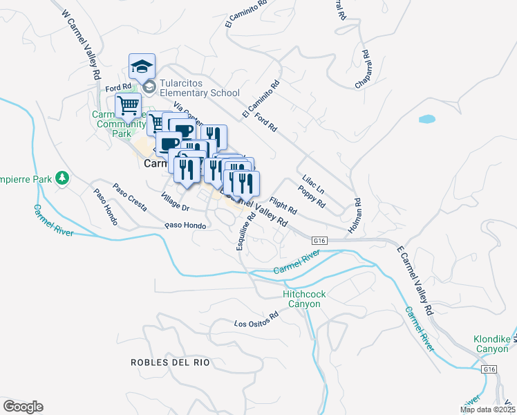 map of restaurants, bars, coffee shops, grocery stores, and more near East Carmel Valley Road & Esquiline Road in Carmel Valley