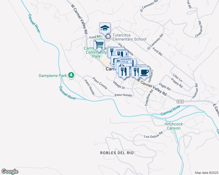 map of restaurants, bars, coffee shops, grocery stores, and more near 19 Paso Cresta in Carmel Valley