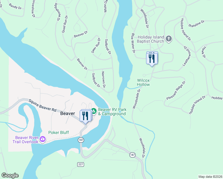 map of restaurants, bars, coffee shops, grocery stores, and more near 67 Sailboat Drive in Holiday Island