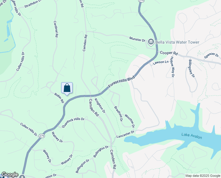 map of restaurants, bars, coffee shops, grocery stores, and more near 2 Amesbury Drive in Bella Vista