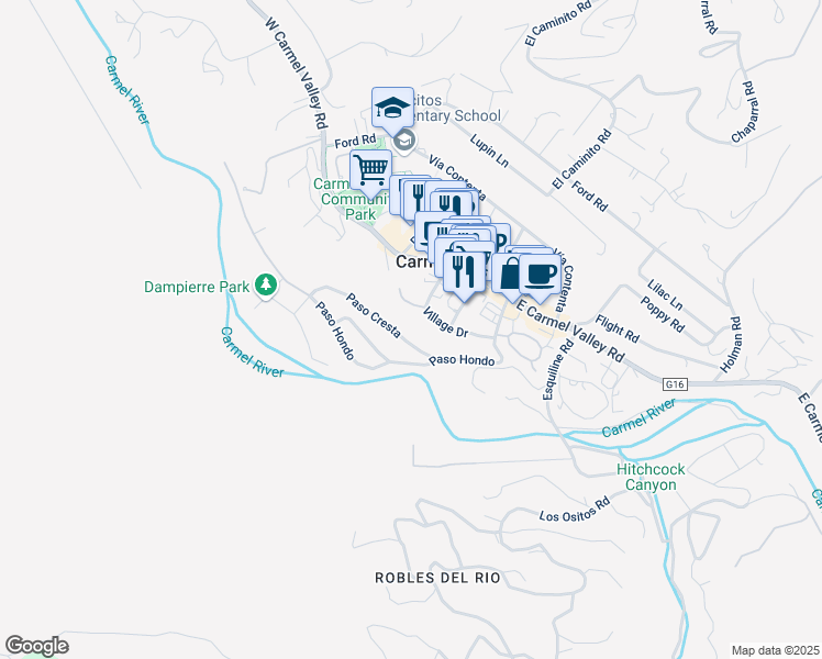 map of restaurants, bars, coffee shops, grocery stores, and more near 19 Paso Cresta in Carmel Valley