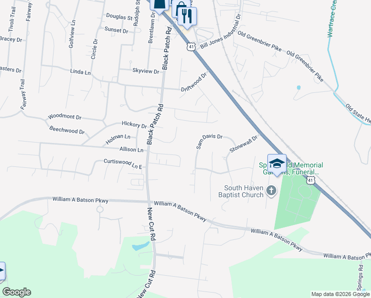 map of restaurants, bars, coffee shops, grocery stores, and more near 405 Sam Davis Drive in Springfield