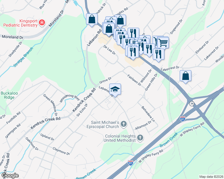 map of restaurants, bars, coffee shops, grocery stores, and more near 116 Sylvan Drive in Kingsport
