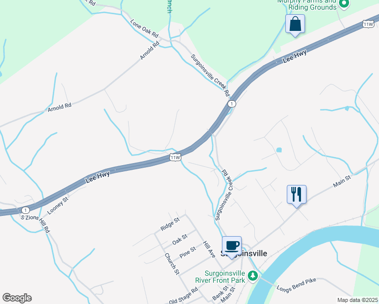 map of restaurants, bars, coffee shops, grocery stores, and more near U.S. 11W in Surgoinsville