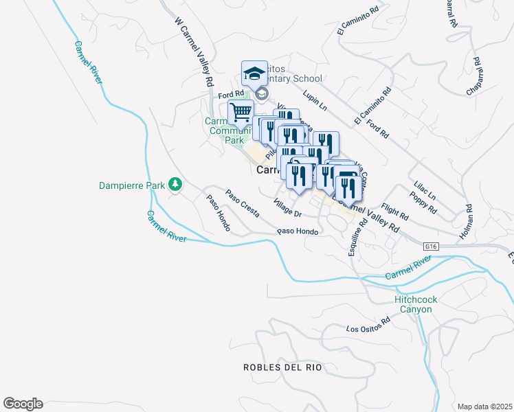 map of restaurants, bars, coffee shops, grocery stores, and more near 29 Paso Cresta in Carmel Valley